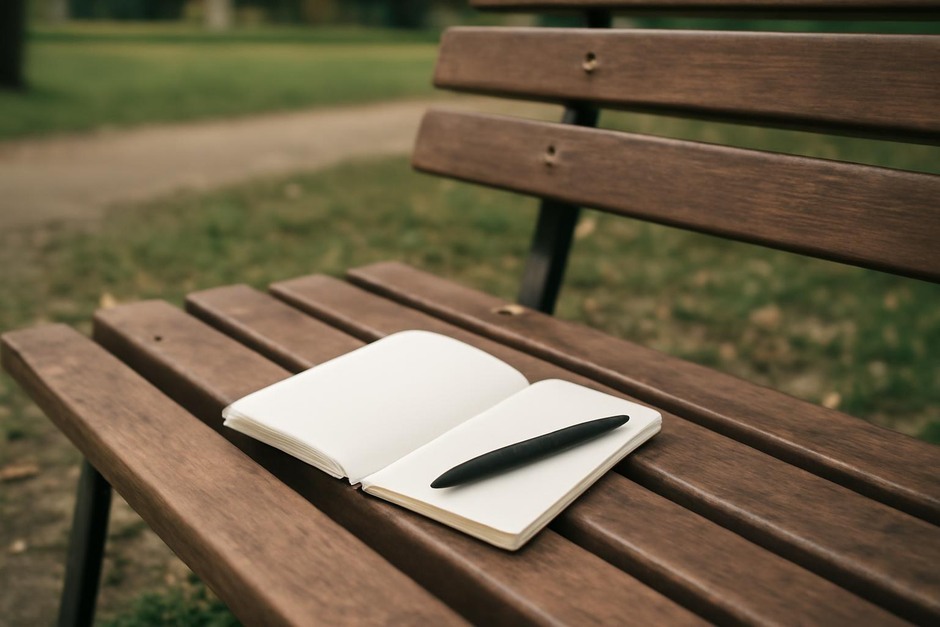 A small notebook and pen on a park bench