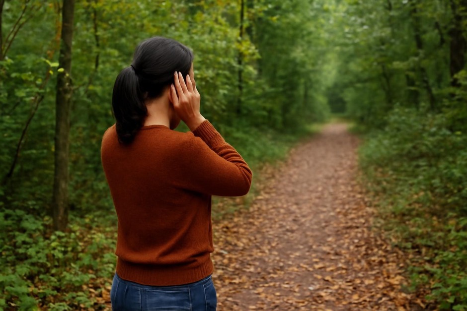Person standing on a leaf-strewn trail, pausing to listen