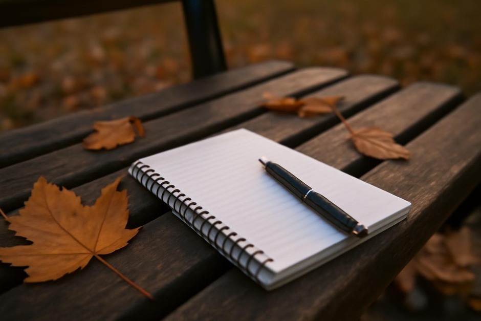 Close-up of a notebook and pen on a park bench with leaves nearby at dusk