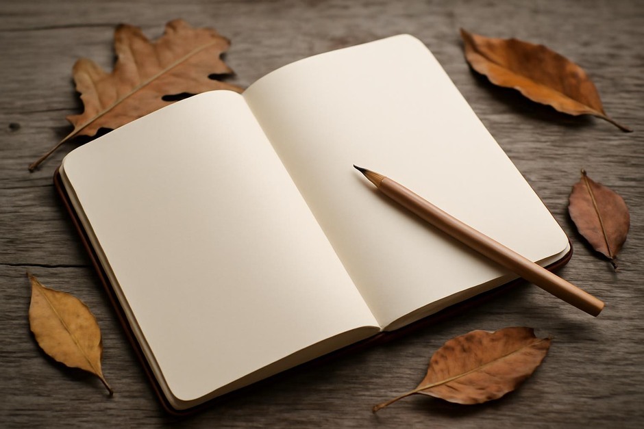 Open notebook beside fallen leaves and a pencil