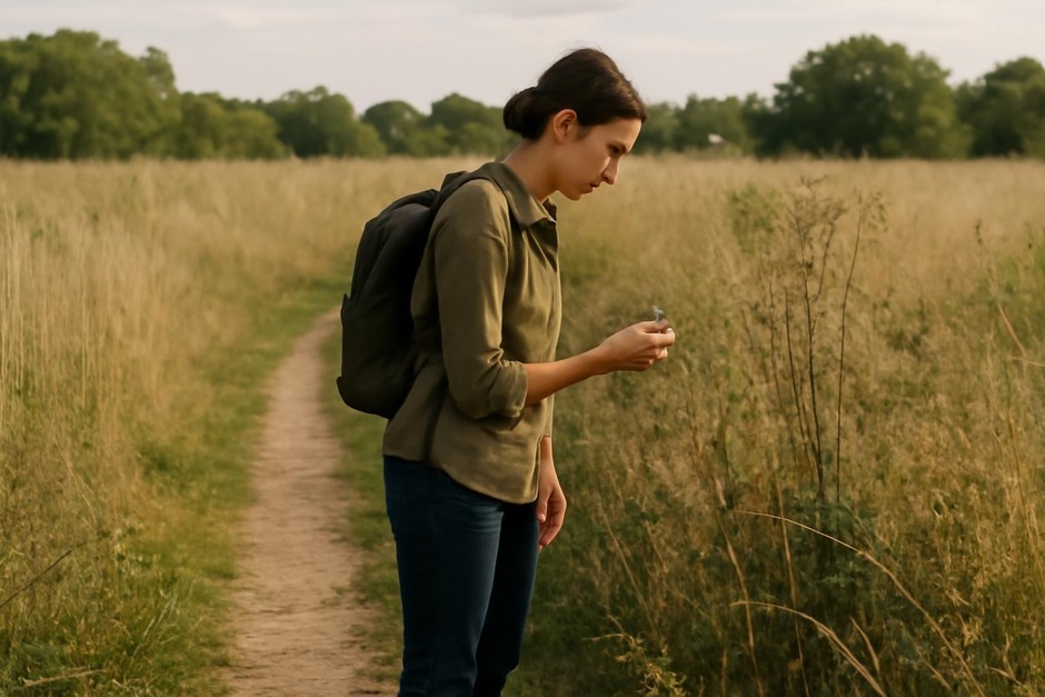 A quiet footpath through late-summer grasses with a person paused to look closely at a plant