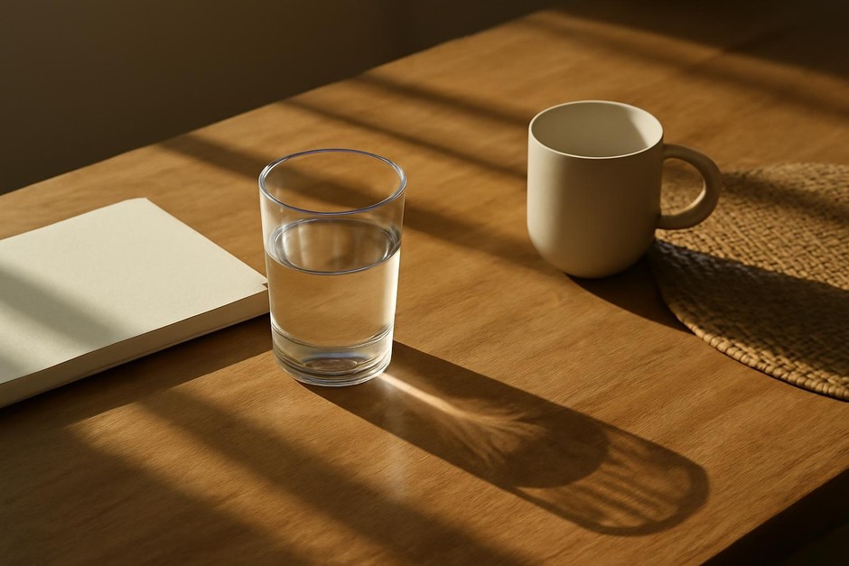 Sunlight falling across a table, highlighting textures and shadows